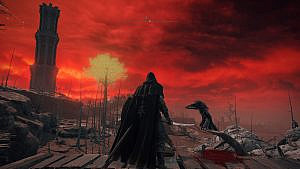 a player character in a black robe looking towards a red sky, a black bird, and a yellow tree