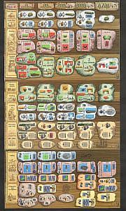 board with icons depicting actions, small sections aligned by rows and columns, meaning depicted by game icons and numbers