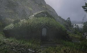 Small cabin with a grass roof, hobbit house
