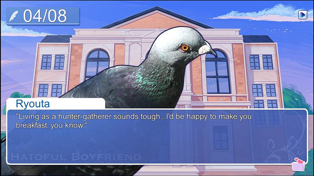 Pigeon lamenting to the player that life as a hunter-gatherer is hard and it would like to make breakfast for the player