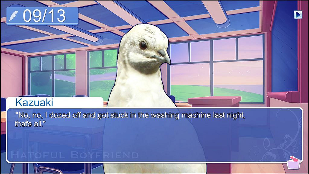 Pigeon with a text screen saying it got stuck in a washing machine last night