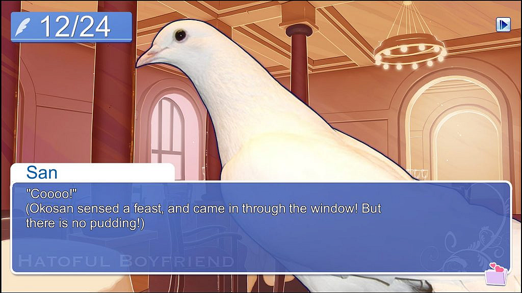 Pigeon with a text screen saying that it sensed a feast and came in through the window to find out there's no pudding