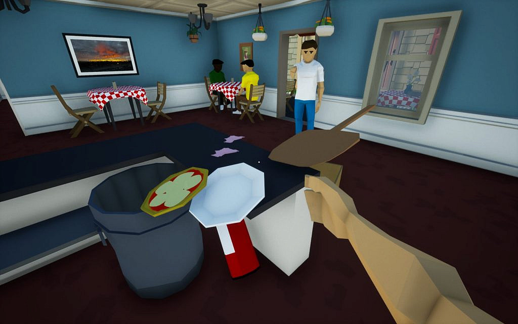 pizza that is hovering in the air with a plate