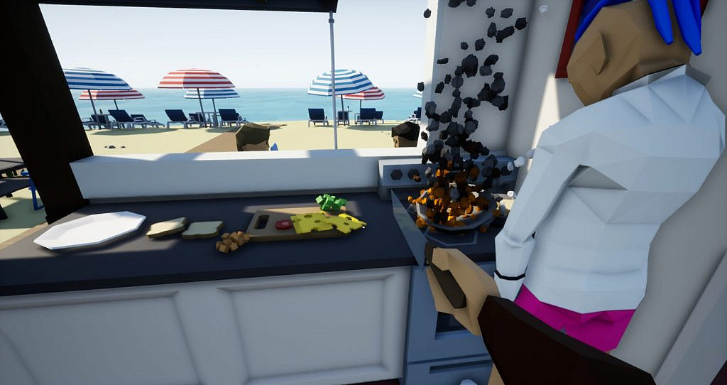 kitchen setting with a player standing inside a stove on fire