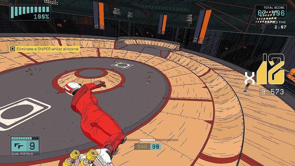 Character in a red jumpsuit and rollerskates flying above a skate park, aiming dual pistols at enemies below.