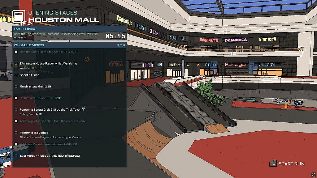 A view of a cel-shaded shopping mall with skate ramps. On the screen a menu is titled "Houston Mall". The menu has two sub-headers: "Par Time" with 05:45 next to it, and "Challenges" with various challenge tasks listed.
