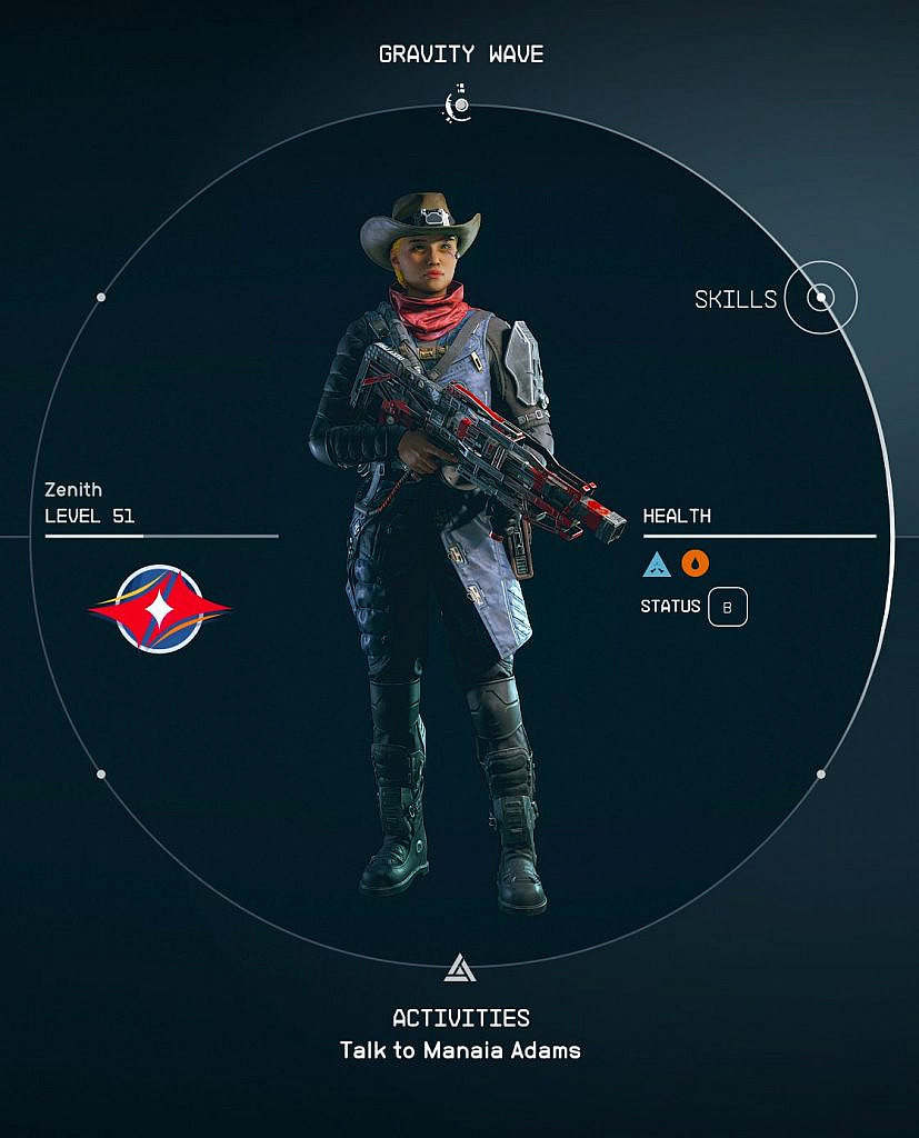 A menu view showing the player character, wearing a duster and a cowboy hat and holding a large gun.