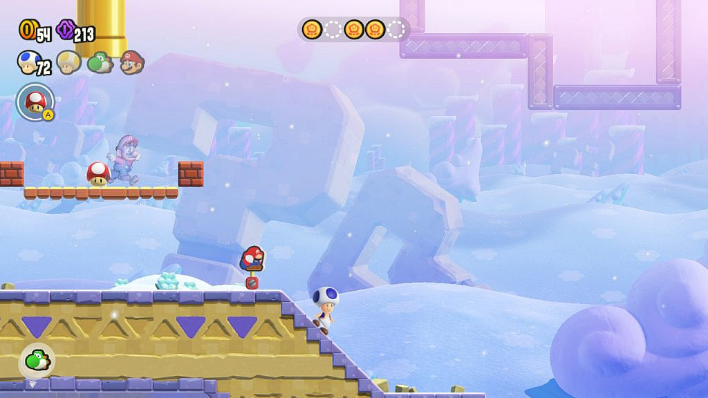 Blue toad is in a snowy environment with ghost Mario. Behind Blue toad there is a pole with Mario figure on it