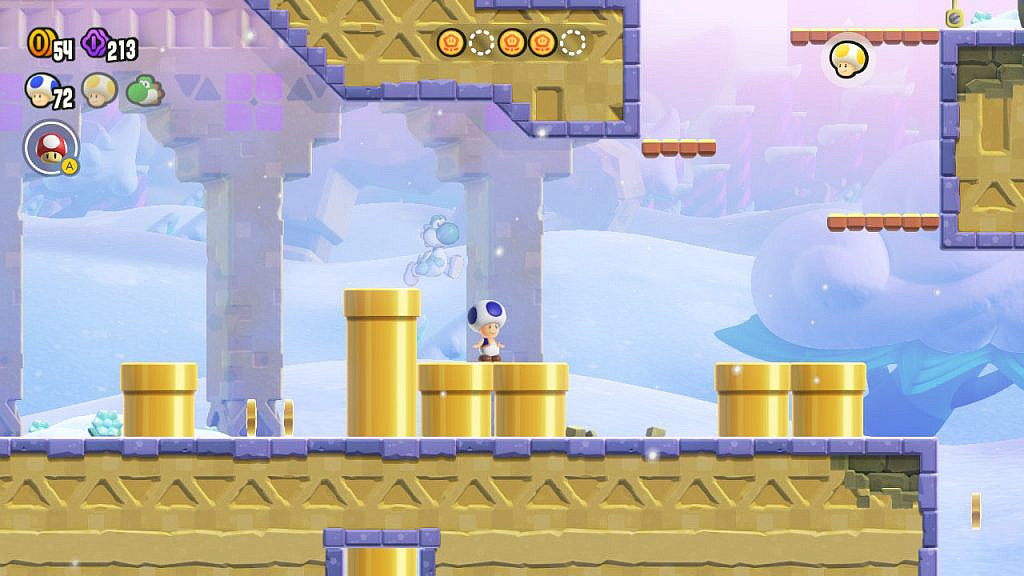 Blue toad and ghost Yoshi are surrounded by yellow pipes