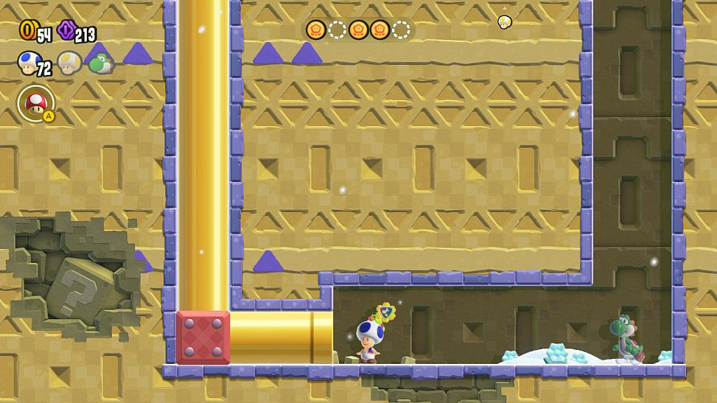 Blue toad faces a yellow pipe while a Yoshi ghost seemed to just had fallen from a hole