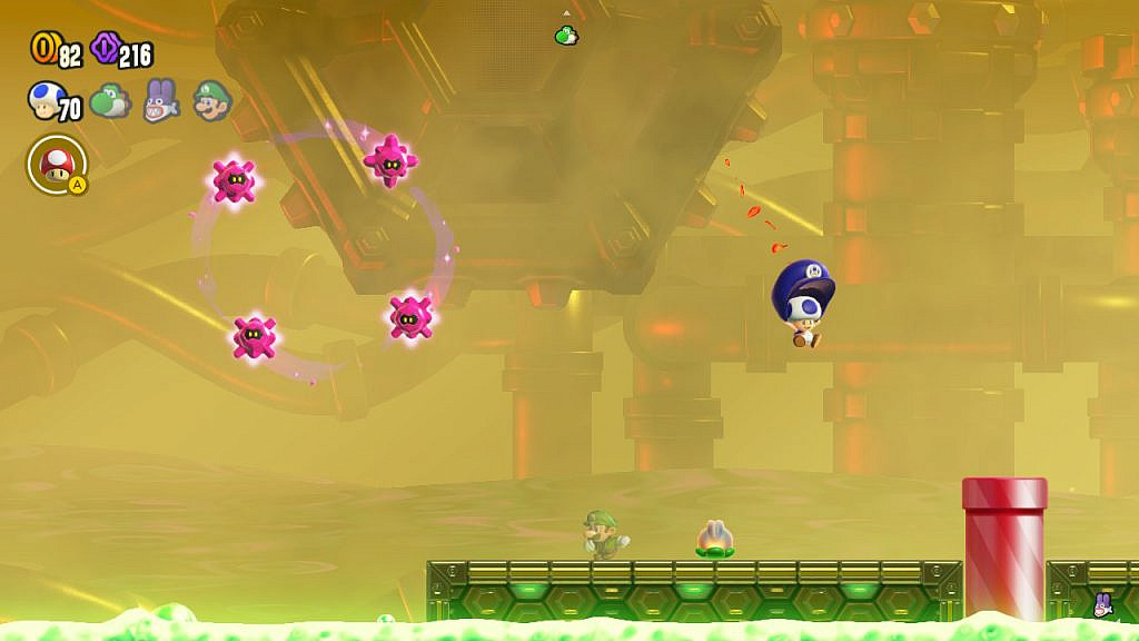 Blue toad using their hat as a parachute