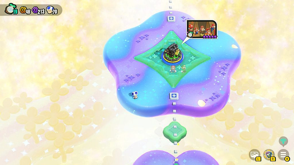 Blue toad faces the final level of the game. Ghost Mario and ghost Luigi are standing in the entrance of the level