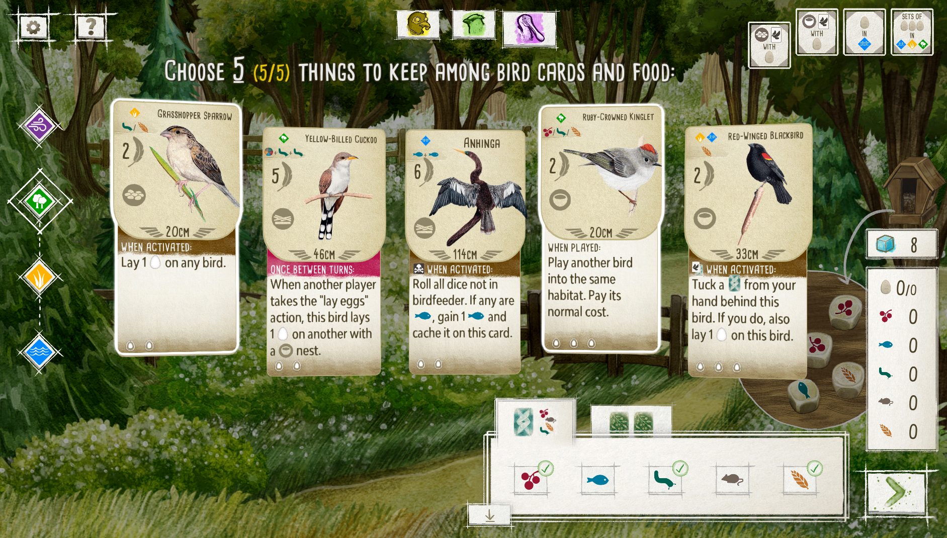 A digital boardgame board, with game elements and playing cards depicting different birds. 