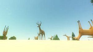 View from the ground with a blue sky and yellowish ground, simple deer characters in a circle with one in the middle, some of the deers are upside down as they are "rolling"