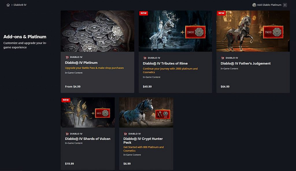 Screenshot of Blizzard Store's Diablo IV items, including in-game currency and cosmetic items that can only be bought with real-life money 