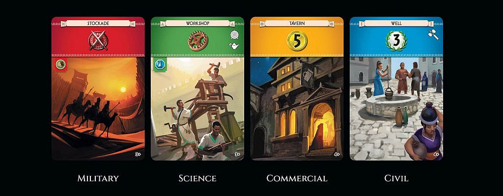 Four cards of the game 7 Wonders.