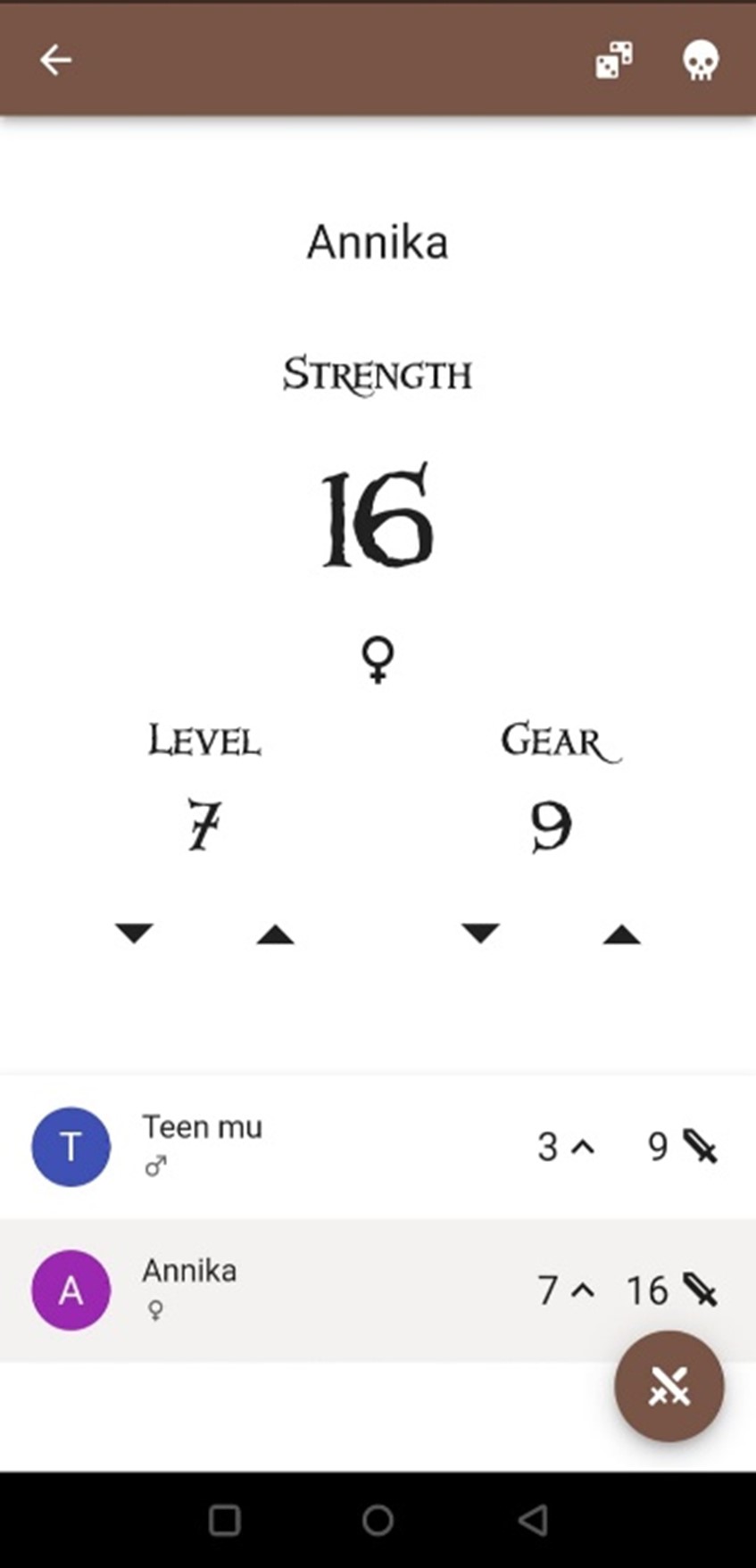 Munchkin app that shows players' current levels, gear, and strength as numbers.