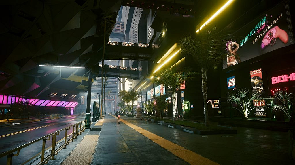 Street view with palms, more greenery, yellow colored neonlights and passing pedestrians.