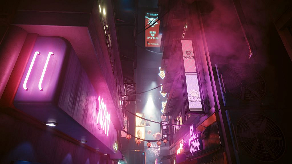 Alleyway covered in fog, backdoor ventilation systems and pink neonlights, chinese sky lanterns in the distance.