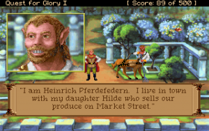 man standing next to centaur creature, centaur's face shown as a close up to the left, centaurs dialog is shown in a dialog box underneath
