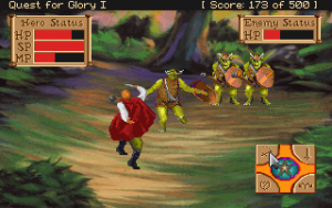 character at a forest road swinging a dagger at a goblin reeling backwards, two other goblins stand behind the first goblin, combat ui elements shown in the top left, top right and bottom right