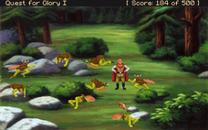 player character standing in a forest, forest area has rocks and bushes, eight goblin corpses are positioned around the area