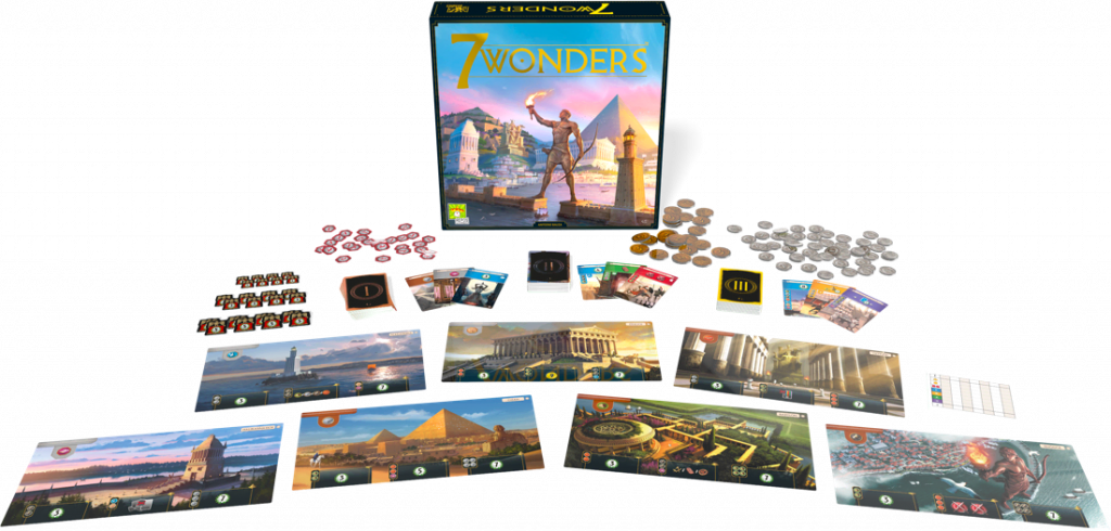 The items in the box of 7 Wonders the game.