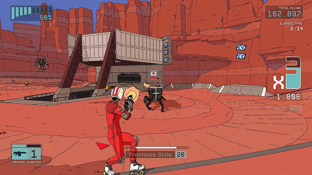Character in red jumpsuit grinding roller-skates on a rail while shooting a grenade launcher towards a quad-pedal robot in a red desert canyon environment. On the screen below the character, a text box says "Frontside Slide".