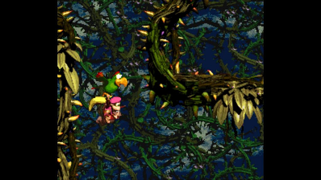 Parrot flying while carrying monkeys in maze of thorny brambles