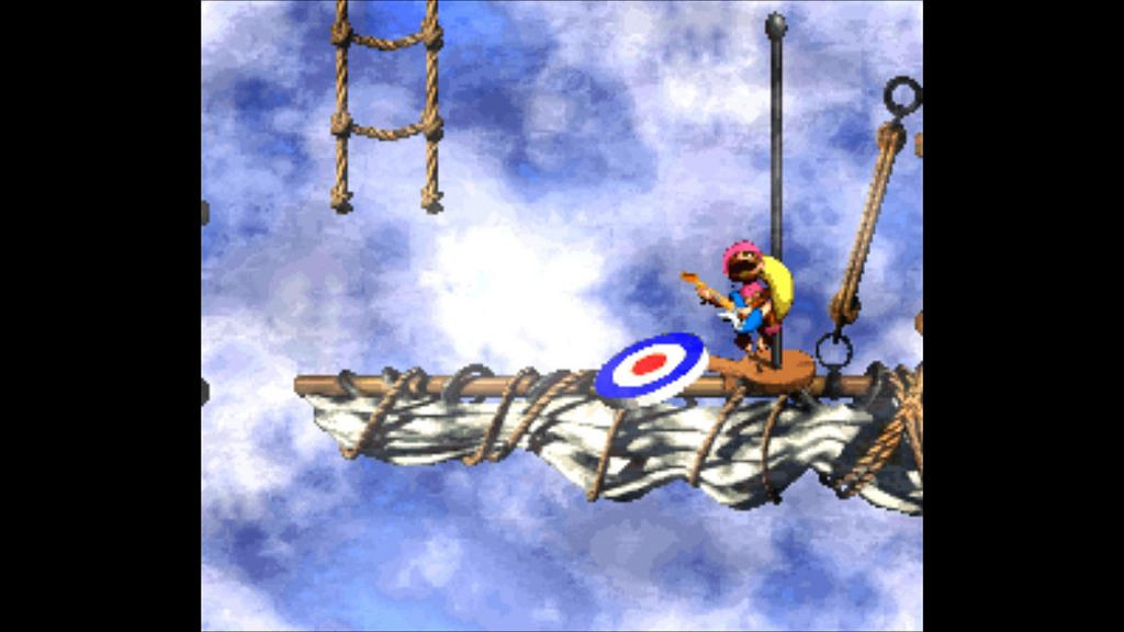 Monkey playing electric guitar on a sail up in the clouds