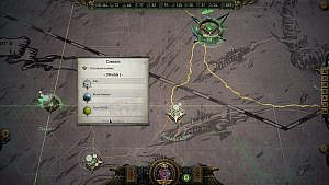 Fictional map, diamond-shaped points with yellow and green routes drawn between them, text box displaying galaxy information