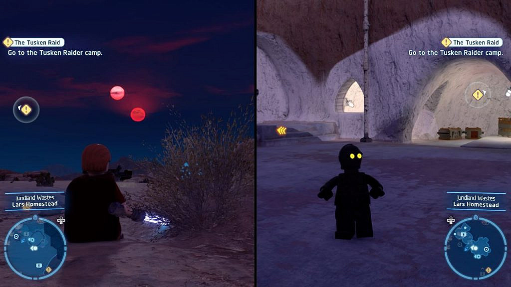 Split-screen screenshot in night time with Obi-Wan and C-3PO standing