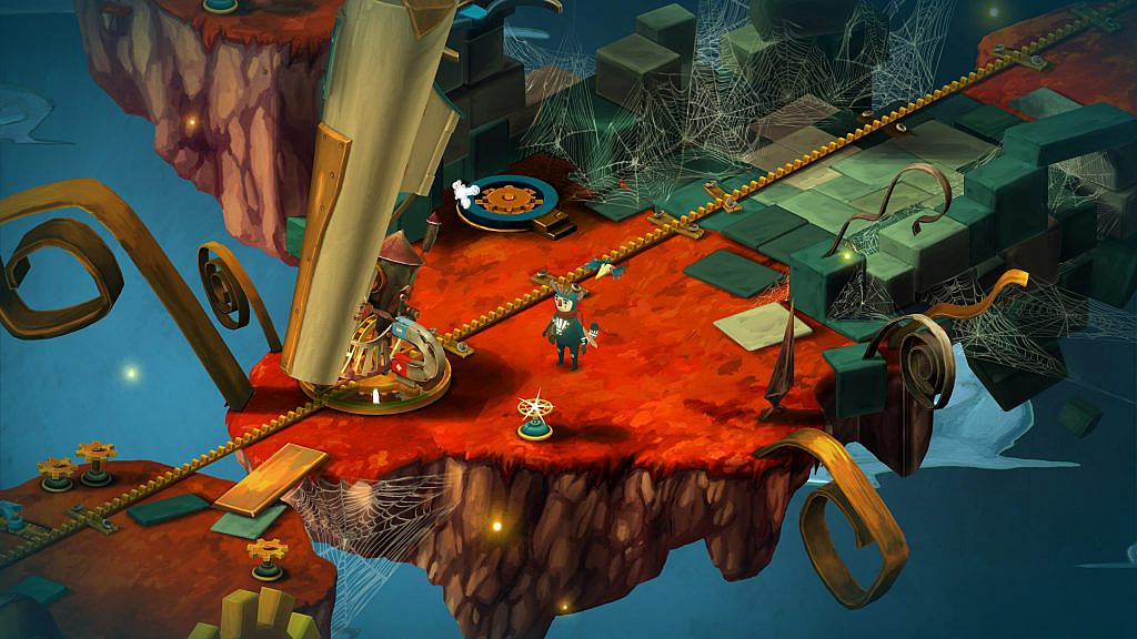 Dusty is standing next to train tracks on a orange floating island.