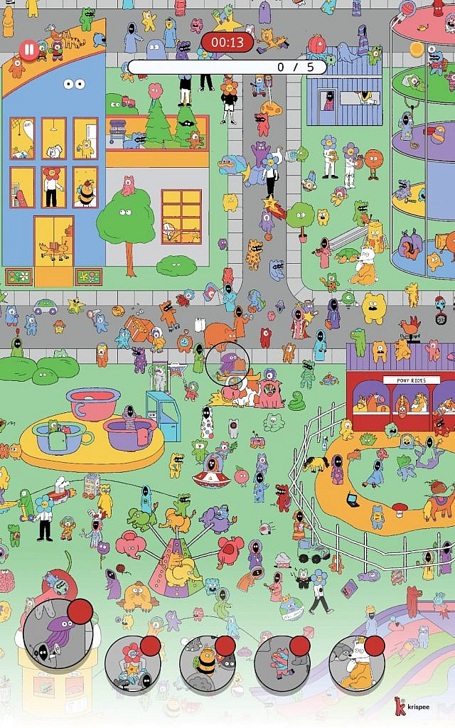 Colourful scenario with colourful characters with a list of five characters to be found while the clock is ticking