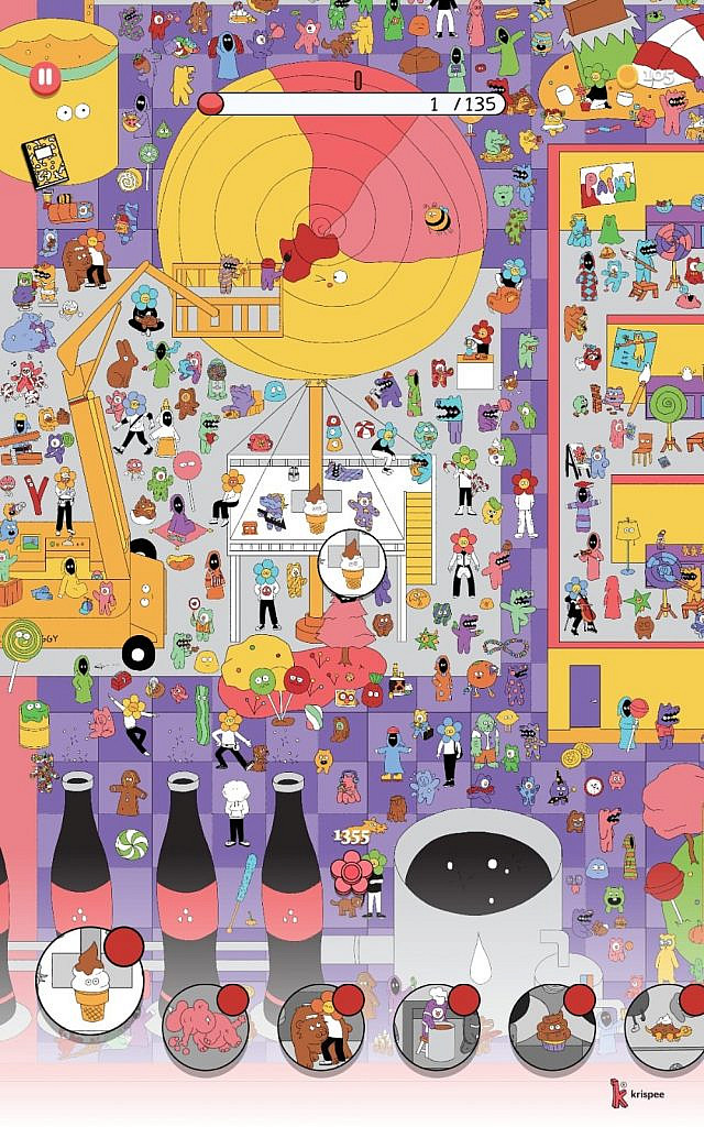 Colourful scenario with colourful characters with a list of figures to be found. Current in the list a ice-cream character