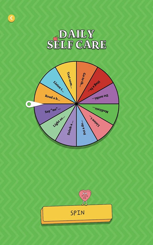 Colourful spinning wheel with self care options such "Listen to pdcast"