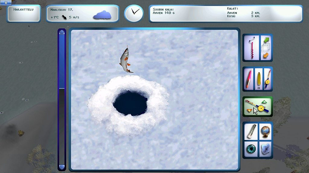 A line with a fish coming out of a hole in the ice