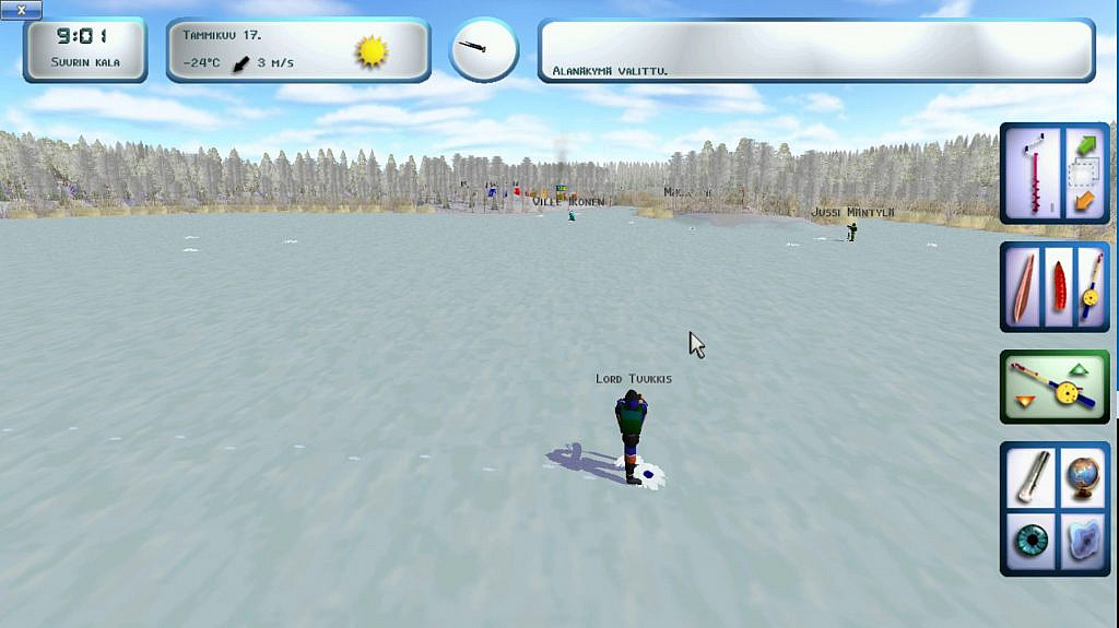 Fisher making a hole in the ice, forest and other fishers in the far background