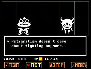 Frog-like creature on the left, thorny round creature on the right, dialogue window presenting game events, player options displayed at the bottom