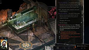 Isometric view, player character standing next to a bar counter and bar stools, dialogue window on the right