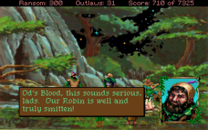 Forest view, mountain in the background, score markers at the top, dialog box at the bottom with the portrait of the talker to the right