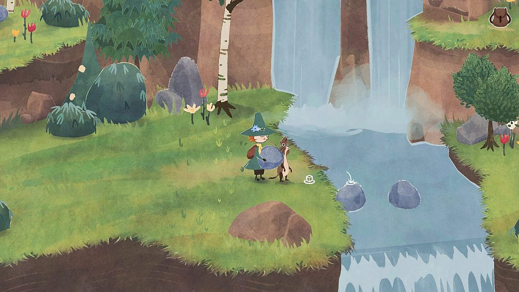 Player carrying a rock near a stream