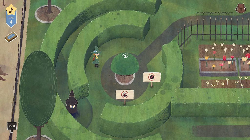 A hedge maze with signs and flowers and a guard to avoid