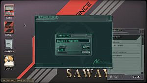 A screenshot from the game, featuring a background of the virtual desktop with the icons on the left side and the words "Sawayma" on the right corner. At the center is the "Netronics connect!" box where an old style land line phone is connecting to a server via old fashioned dialing system.