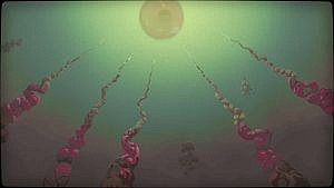 A screenshot from the game, featuring a dark green background with red tendrils rising upwards, reaching for a massive eye in the sky. 