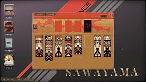 A screenshot from the desktop,featuring a Kabufuda Solitaire game. On the center, the red and golden gray game box is open with its background featuring asian styled clouds and letters. On the top row, three of the four red boxes away for cards, while one is already stacked full. On the gaming area below seven stacks of black, white and red cards wait to be sorted while one slot remains open for use. 