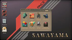 A screenshot from the game, featuring the desktop with the file manager of the Drive 0 open. On the file manager, eight icons show all downloadable minigames and the means to download them. Starting from left upper corner and going clockwise from top to bottom.First is the "NETronics Connect!" which is a icon featuring an old phone handle with neon green lighting striking from it into a small icon depicting the planet earth. "KabuFuda Solitaire" is second in the row, featuring an Japanese styled clouds in red and golden grey fitted into a box with few asian icons. "Dungeons & Diagrams" is next with the icon of a dark grey dungeon floor with a armed green humanoid on the top and skeletal remains on the bottom. Last on the top row is "ChipWizardtm Professional" which is depicted as a large microchip with a wizard character standing beside it, waving their wand to cast a spell. "XBPGH: The Forbitten Path" is first on the bottom row, starting from the bottom right. It's icon is a strange black monolith with a red eye rising from the top. Continuing left there is "Juicebox Arcade" which features an aracnid like robot with red eye staring towards the screen. Next is "20th Century Food Court" featuring a hamburger on a yellow and neon green triangles. And last on the bottom left is the "Steed Force Hobby Studio" depicted with a green cutting mat and red and yellow paint bottles standing on it.