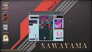 A screenshot from the game, featuring a desktop with the Juicebox Arcade open in its own little box. The game has a light grey sides and in the center a darker, more technological background. On the left side "P1 Score" in bright pink letters with a matching number counter bellow ranks at 0 points. Beneath is the "HI score" with a darker background with the counter's bright pink numbers stating 11550. On the right side, the top is reserved for a boxed energy counter, with an pixel art anime-styled character with blue hair and strange red glasses smirking above another yellow counter. This side also features a large "L1" text below. At the bottom center, a arcahnid robot walks from side to side, trying to hold the tide of multicolored boxes decending from above. 