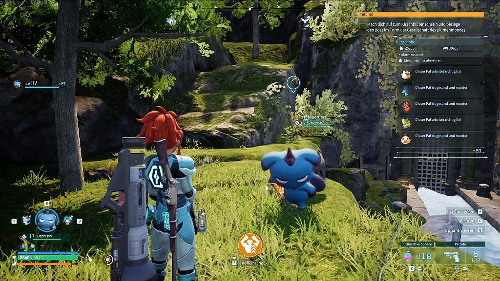 The player character is seen from the back looking at a pal called Depresso