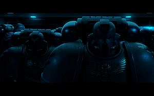 A squad of astartes, clad in heavy power armor, marching into battle.